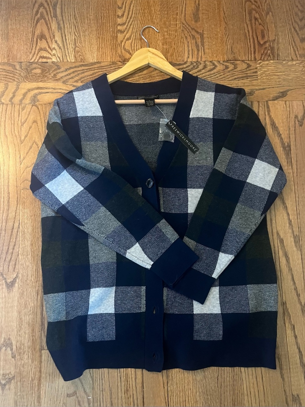 NWT Navy Check V-Neck Cardigan Sweater